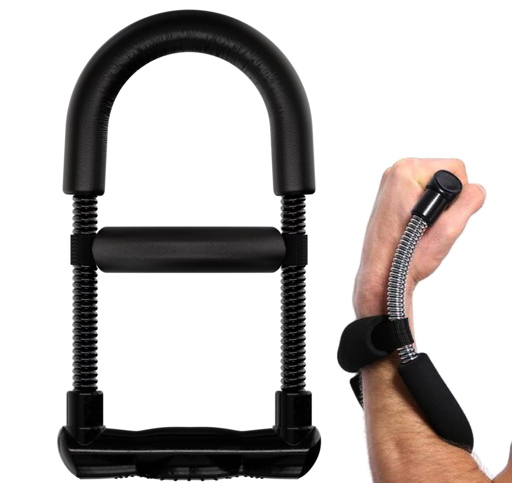 Front view of black wrist trainer with product tested on side