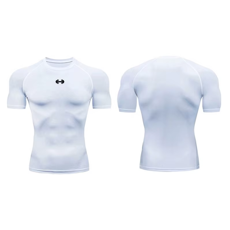 front and back view of white quick dry compression t-shirt