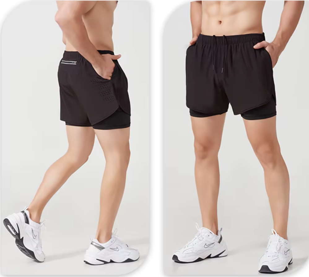 Black athletic fitness shorts with quick-drying, double-layered design for men