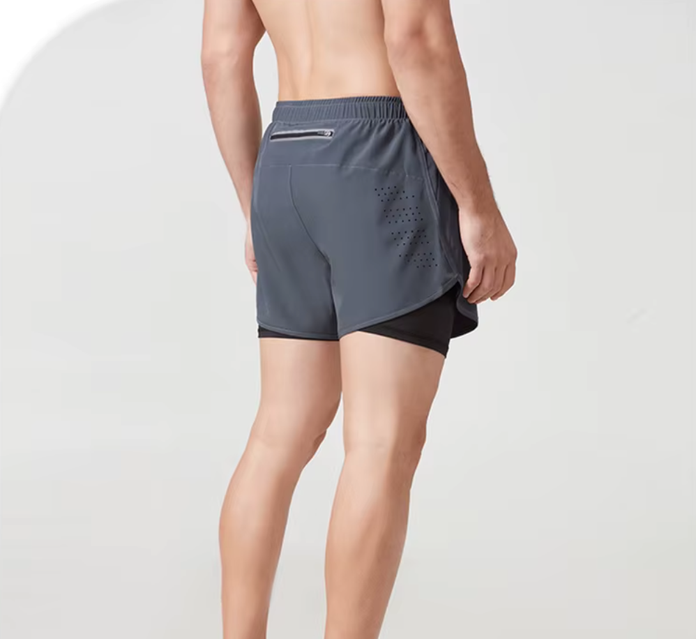 Grey quick-dry double-layered fitness shorts, perfect for gym workouts and running