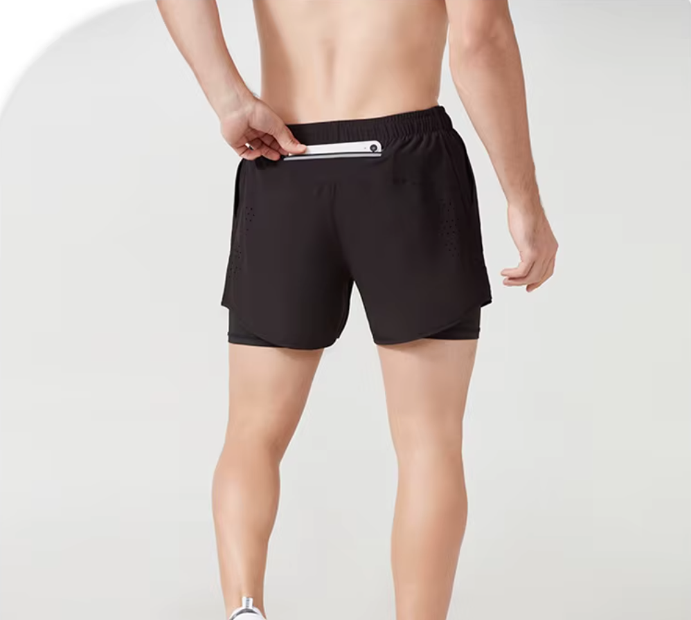 Back view of Black athletic fitness shorts with quick-drying, double-layered design for men showing the back pocket