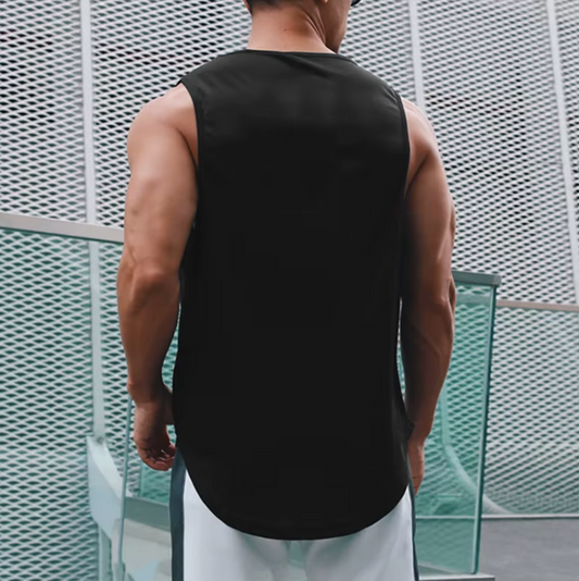 Back of Black Quick Dry Tank Top – Stylish Athletic Vest for Bodybuilding & Gym Training