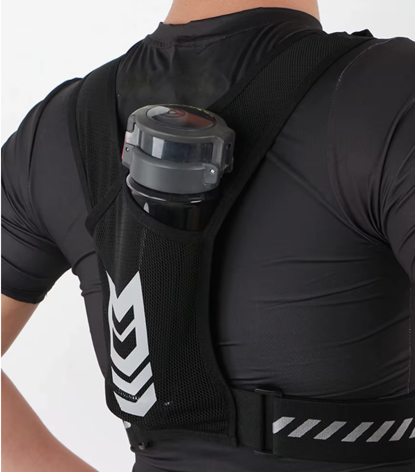 Model showing the back water bottle pocket of the reflective adjustable fitness running vest