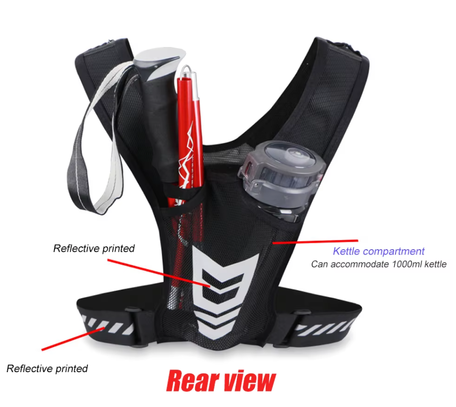 Rear view of the adjustable reflective running vest showing the benefits of bottle compartment and reflective