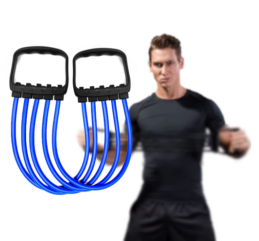 Man using a black and blue chest expander for upper body strength and resistance training