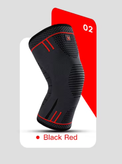 Black and Red Compression knee support sleeve with elastic breathable fabric for joint stability.