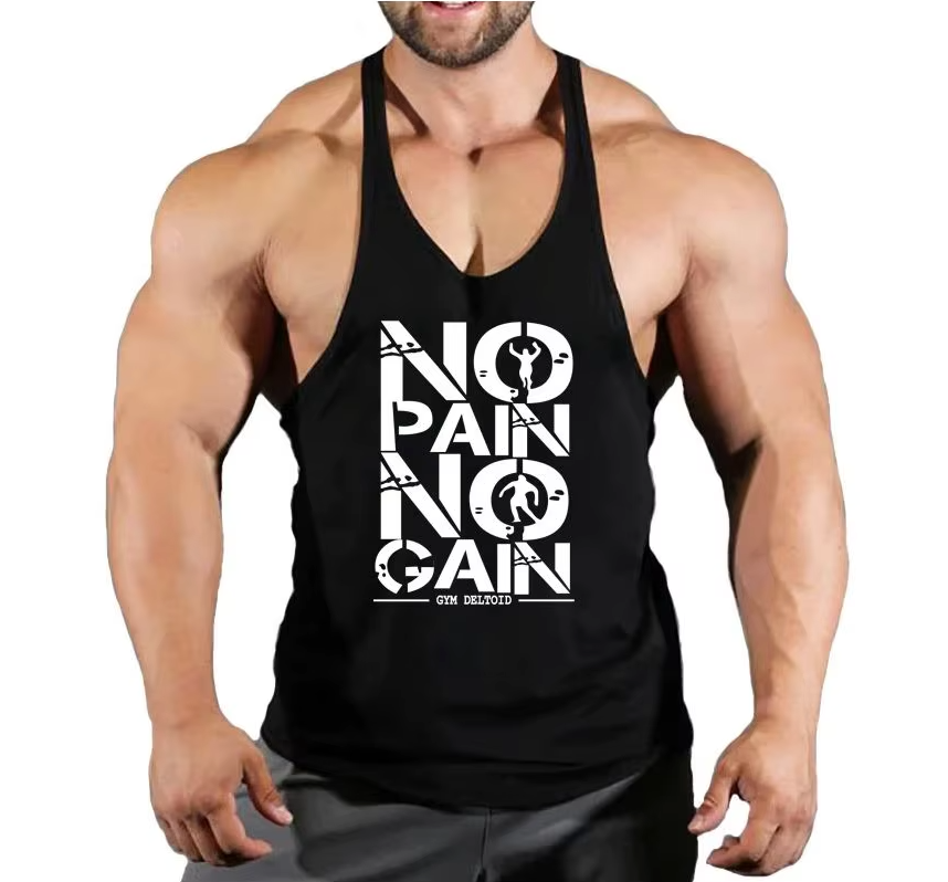 Man wearing black NPNG quick-dry tank top showing muscles after a gym workout