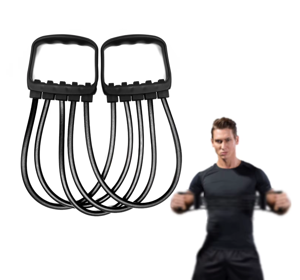 Man using a black chest expander for upper body strength and resistance training