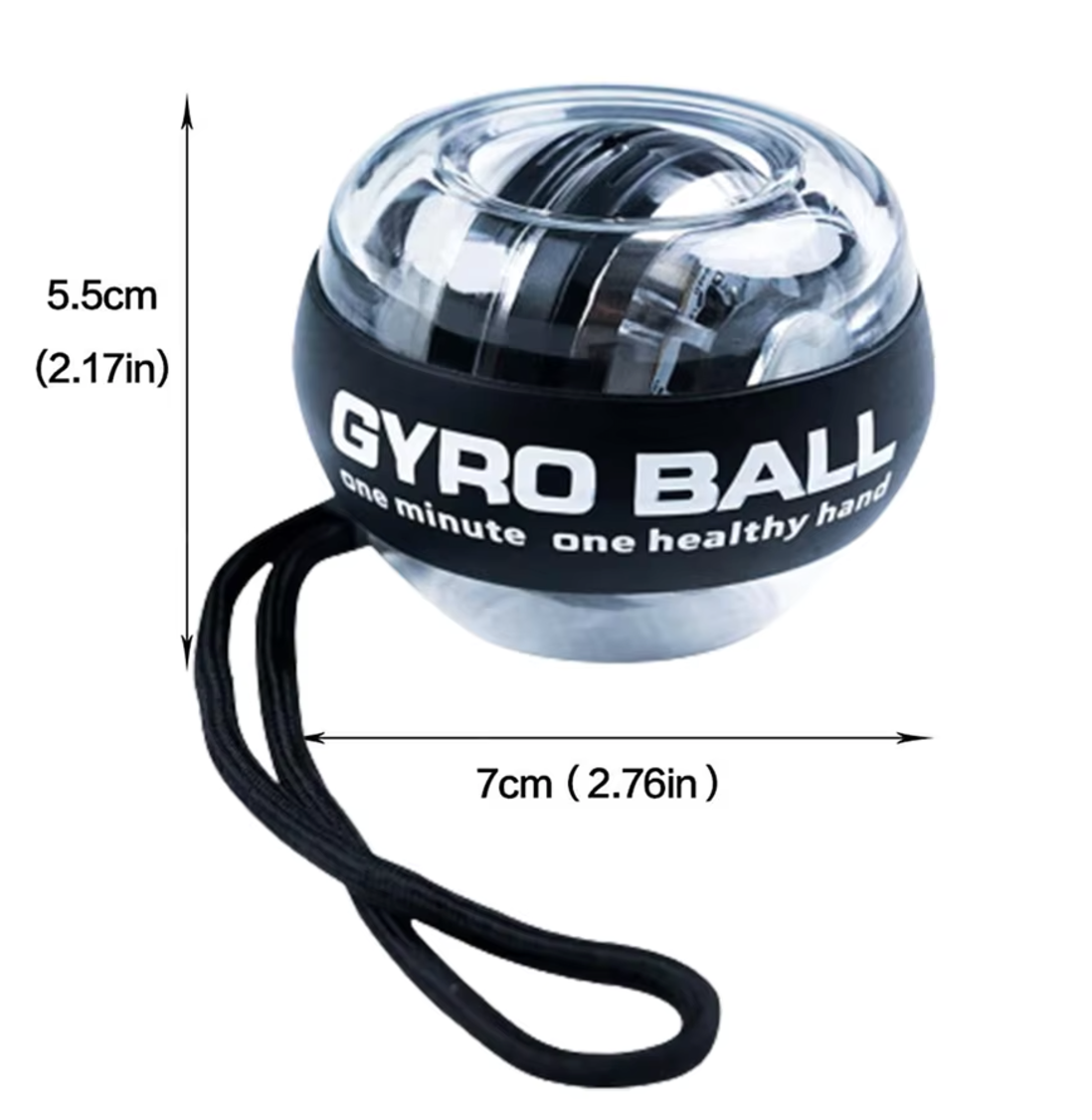 Dimensions of the Gyro Powerball, including improved grip strength, wrist rehabilitation, and forearm endurance
