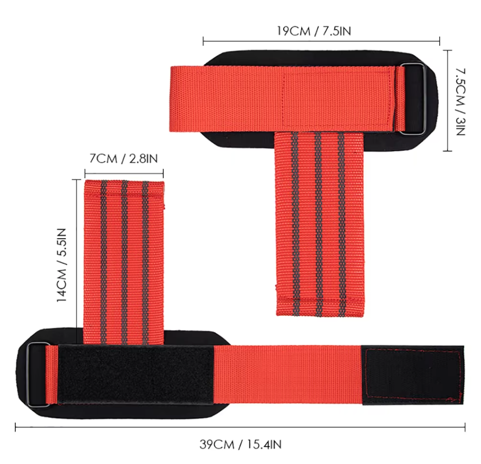 Dimensions of Red power grip gym straps designed to improve lifting performance and prevent grip fatigue