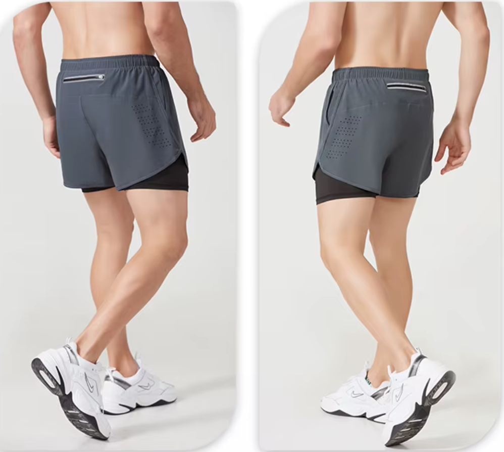 Grey athletic fitness shorts with quick-drying, double-layered design for men