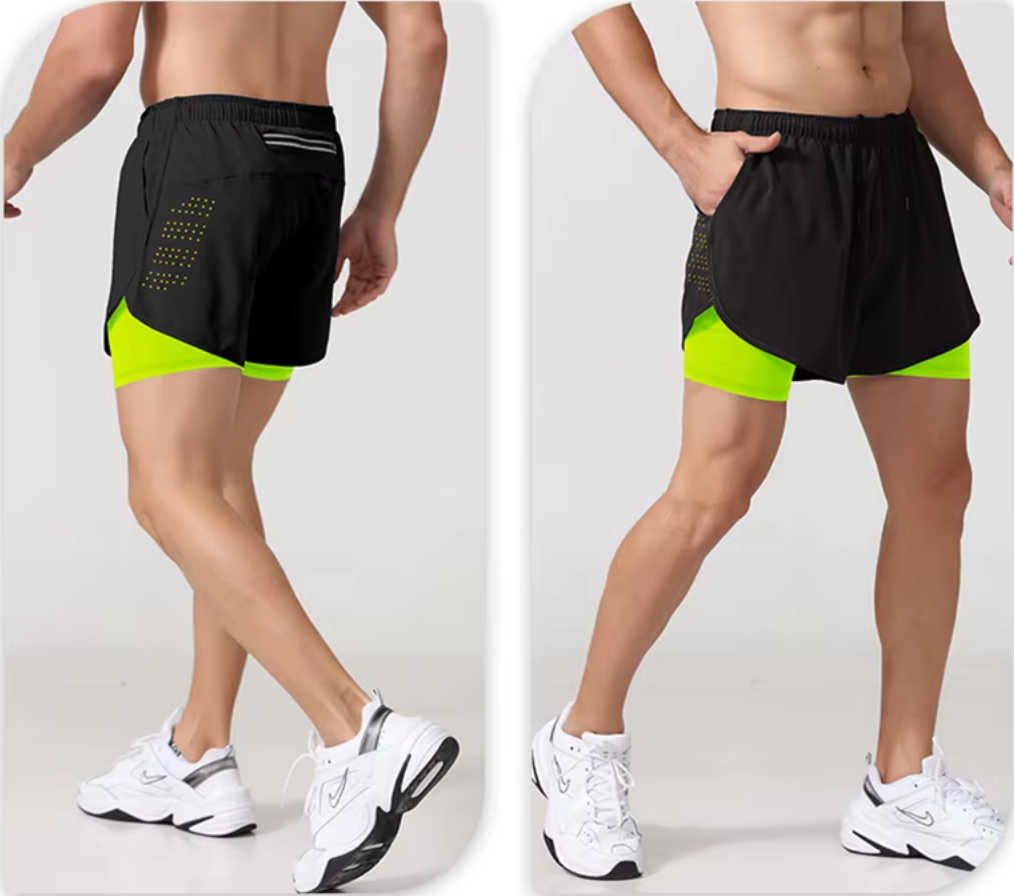 Double image of Neon green fitness shorts with a moisture-wicking, double-layered design for active sports