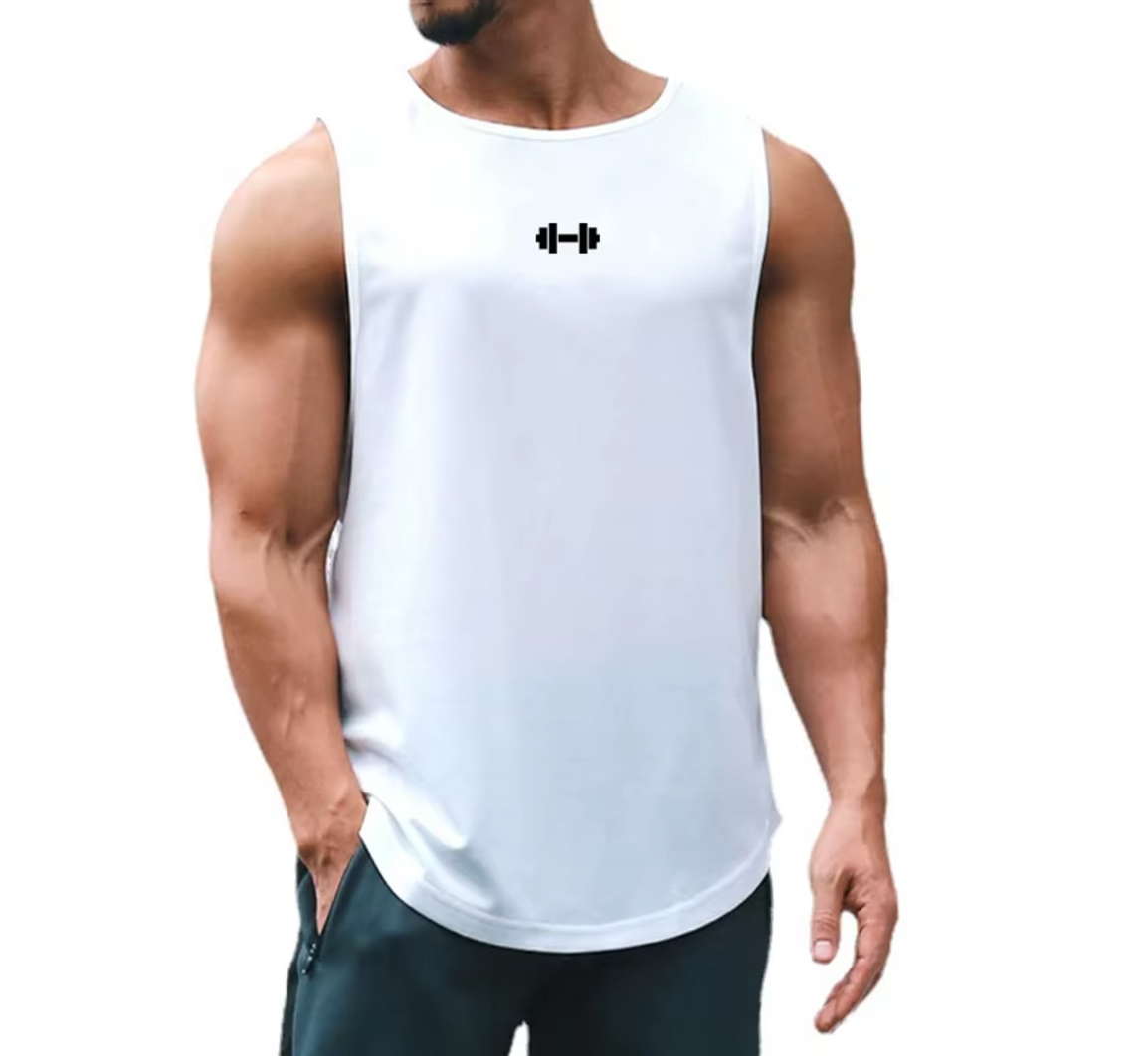 Back of White Workout Muscle Tank Top for Men – Dumbbell Print, Lightweight and Breathable for Fitness & Bodybuilding