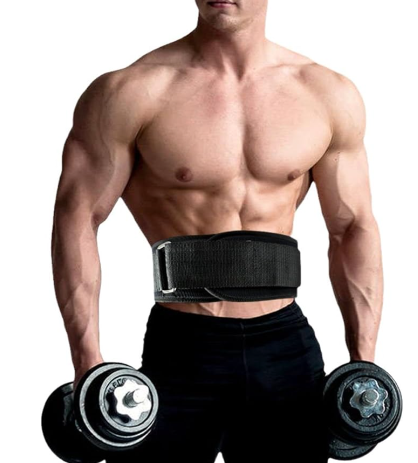 Man holding dumbbell weights wearing the Weightlifting fitness belt