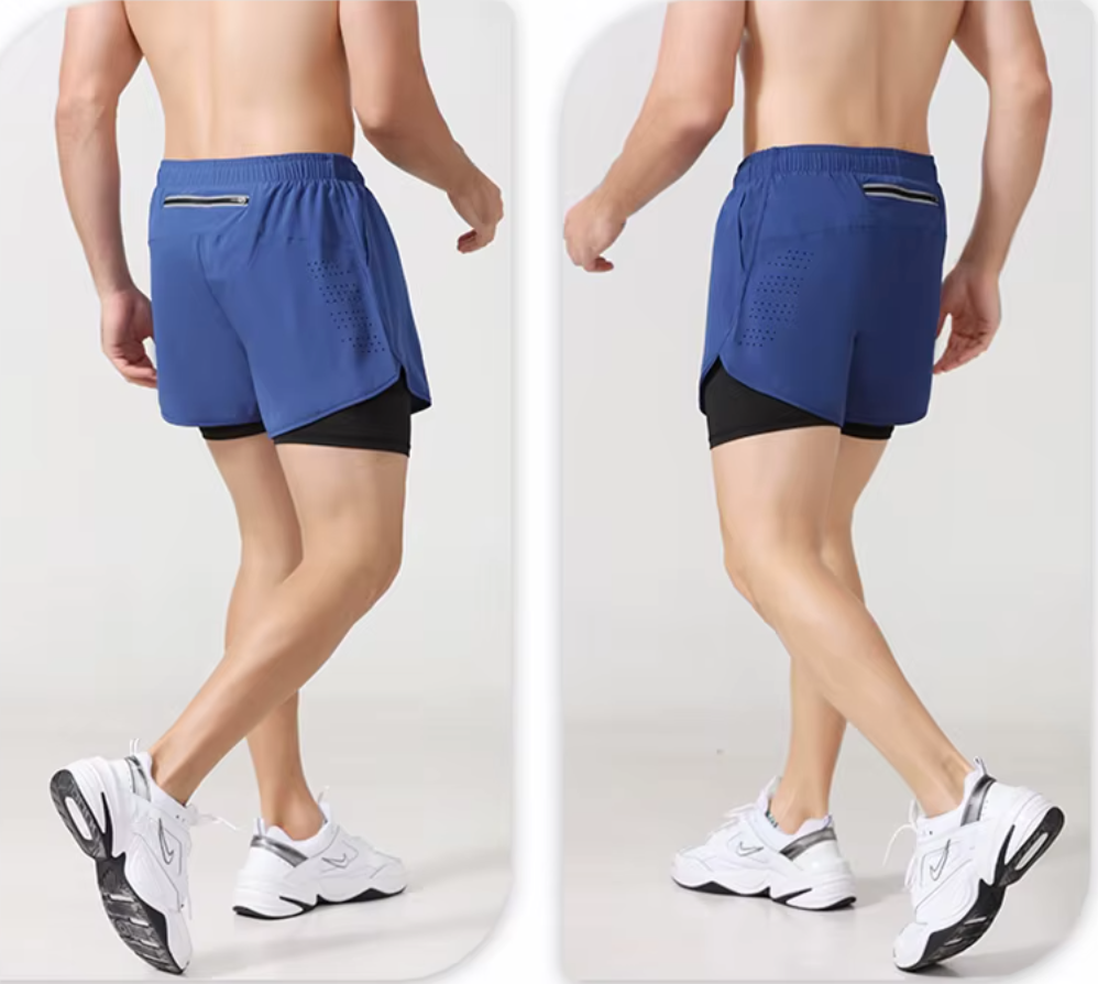 Double image of Blue athletic fitness shorts with breathable inner compression lining for high-performance training