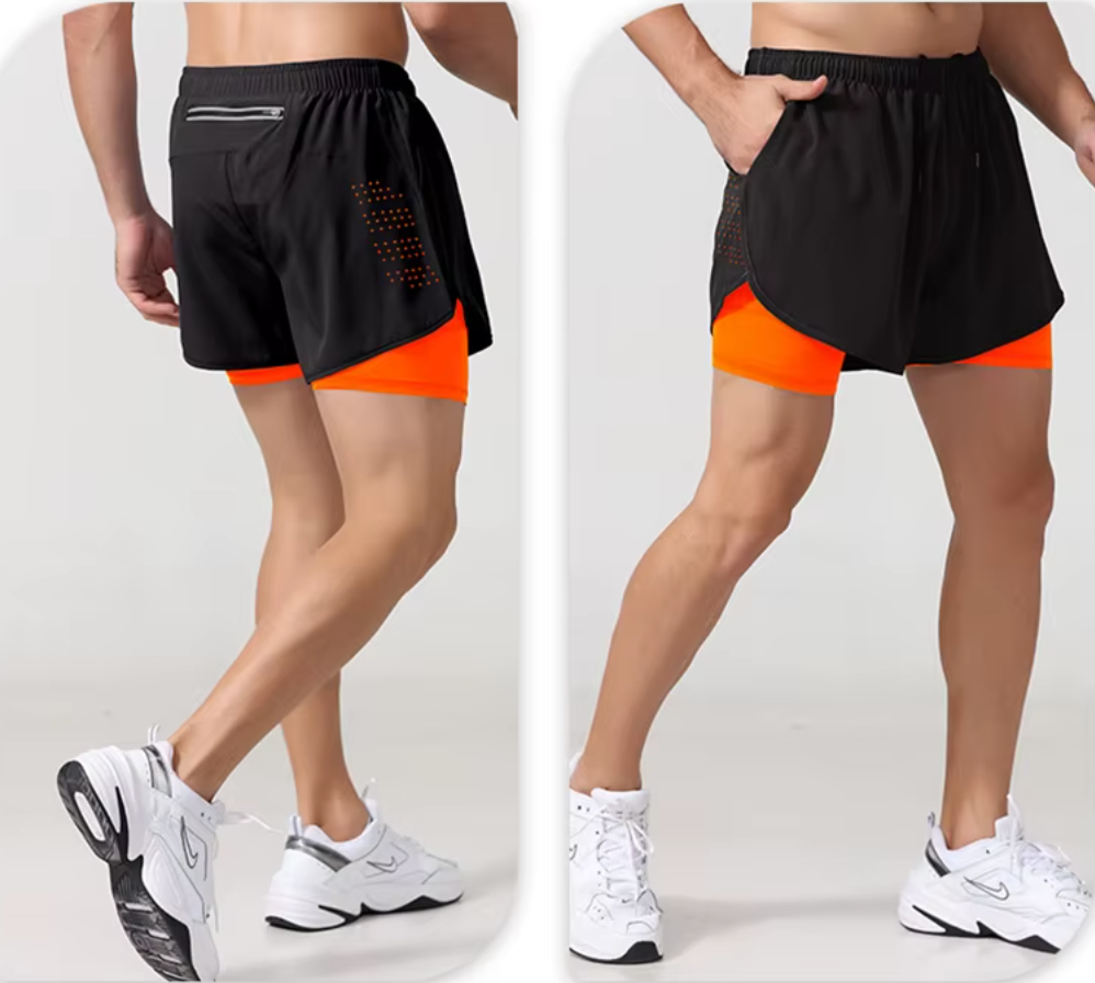 Double image of Neon orange quick-dry gym shorts with an inner compression layer for extra support