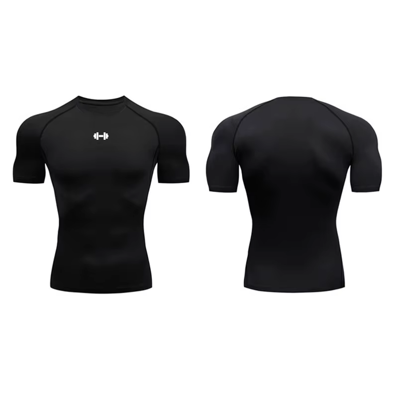 Front and back images of the black quick dry compression gym t-shirt