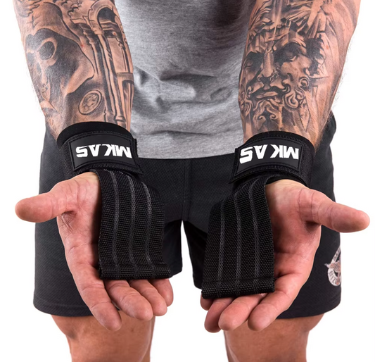 Model wearing the black with logo wrist strength support