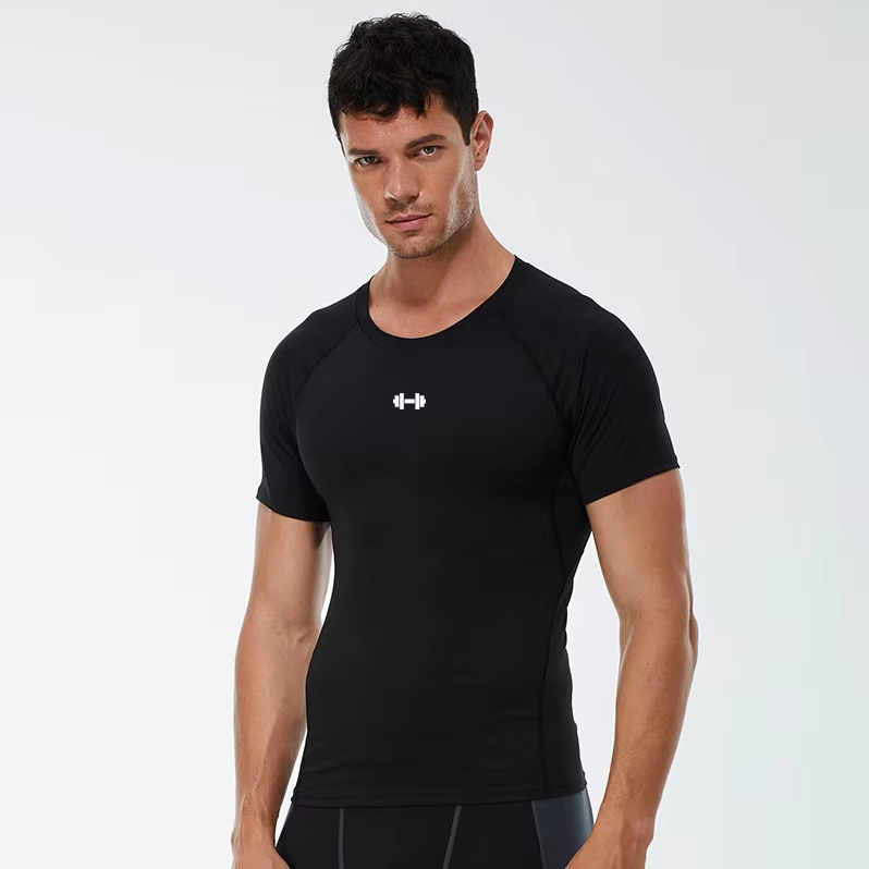 Front View of Black Athletic Quick Dry Compression Gym T-shirt for Fitness