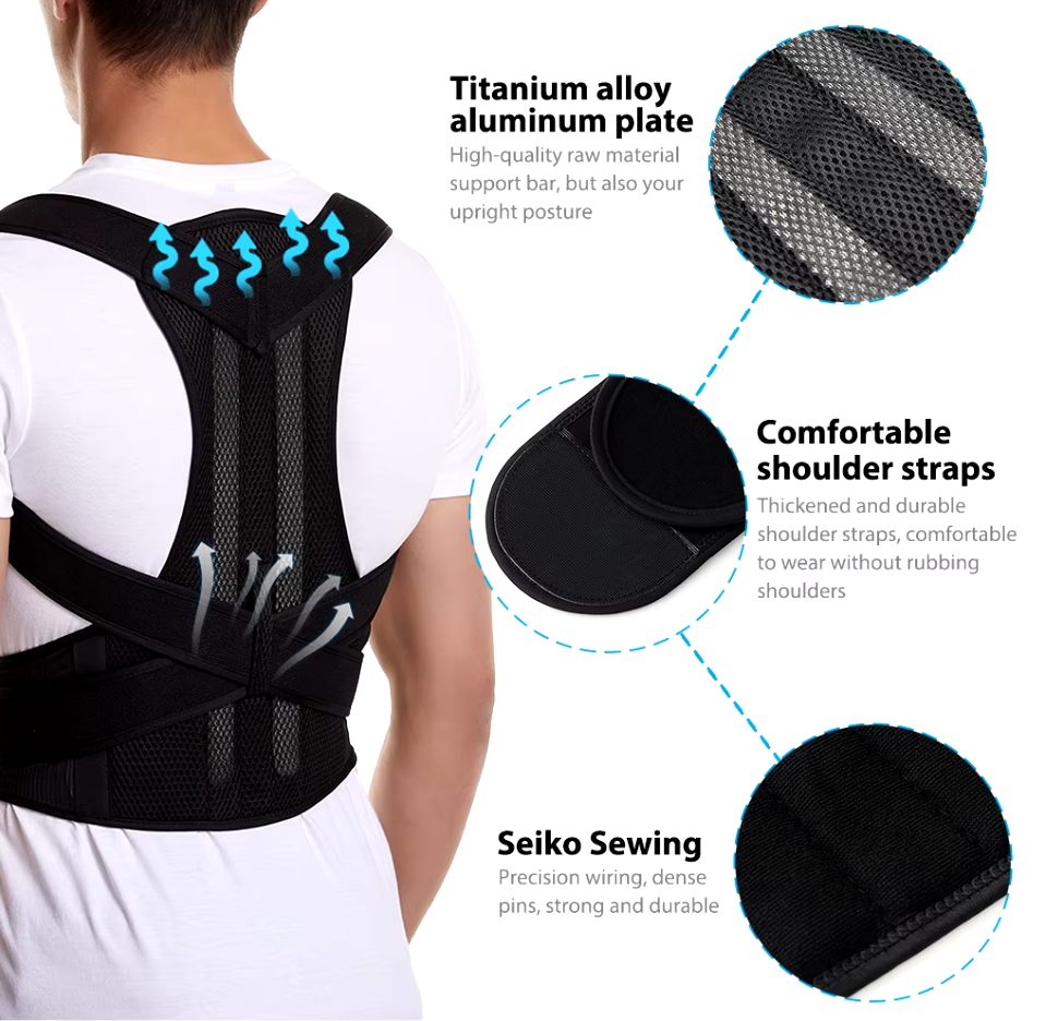 More benefits of the upper back brace posture corrector - Titanium alloy plate comfortable straps and high quality sewing