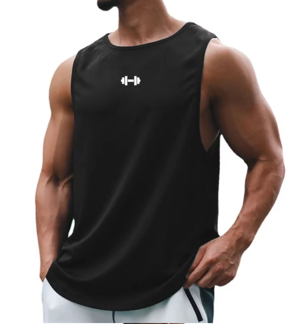 Black Workout Muscle Tank Top for Men – Dumbbell Print, Lightweight and Breathable for Fitness & Bodybuilding