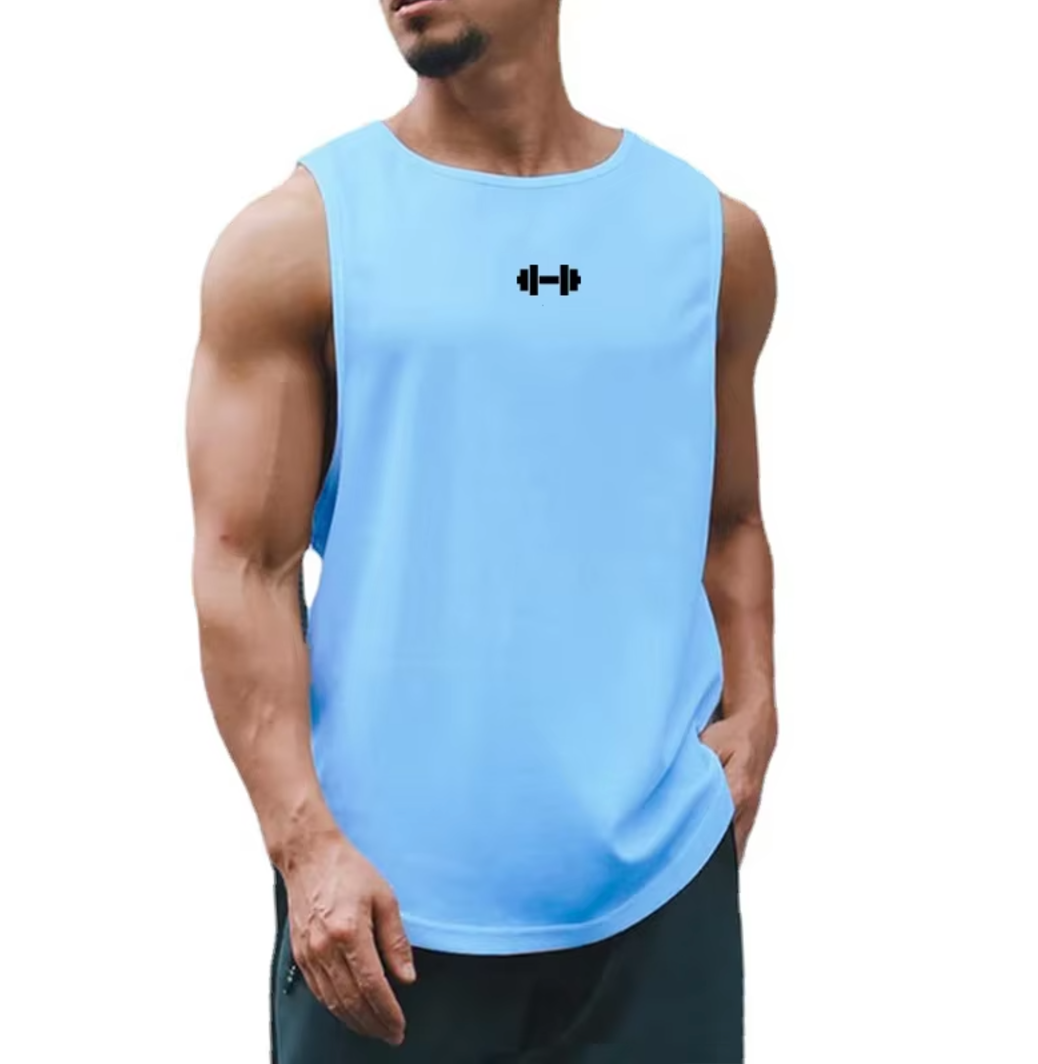 Blue Dumbbell Tank Top for Men – Breathable Mesh Fabric for Gym & Weightlifting