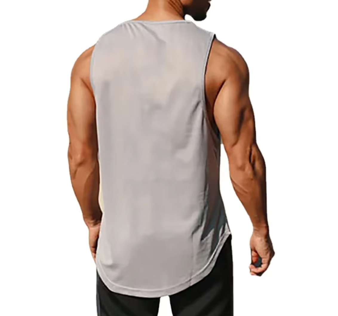 Back of Grey Bodybuilding Tank Top – Stretchable, Sweat-Wicking Gym Vest for Men’s Workouts