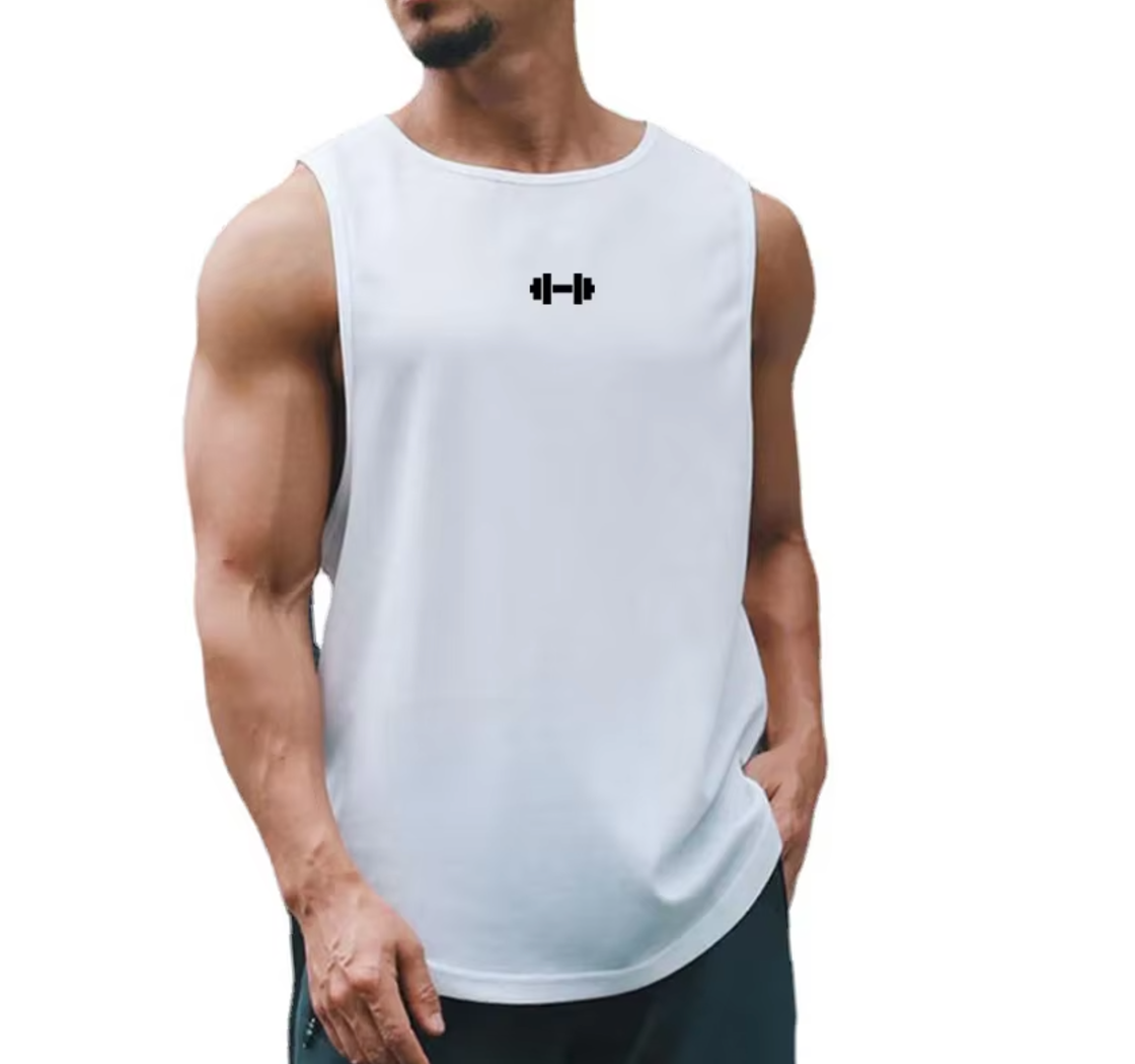 White Workout Muscle Tank Top for Men – Dumbbell Print, Lightweight and Breathable for Fitness & Bodybuilding