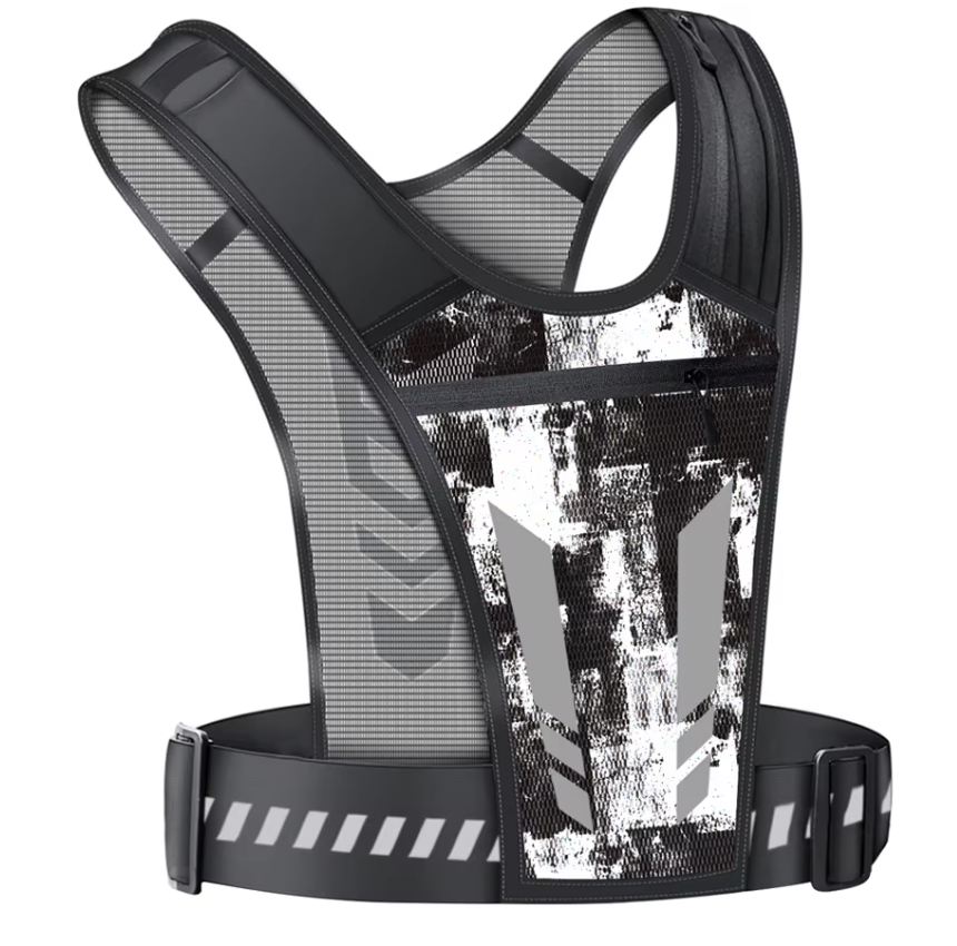 Black and white high-visibility reflective running vest with adjustable fit for safety