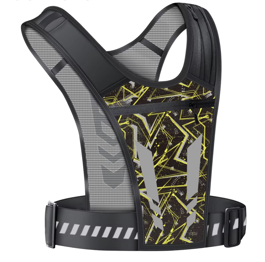 Black and yellow reflective running vest with enhanced visibility for jogging and cycling at night