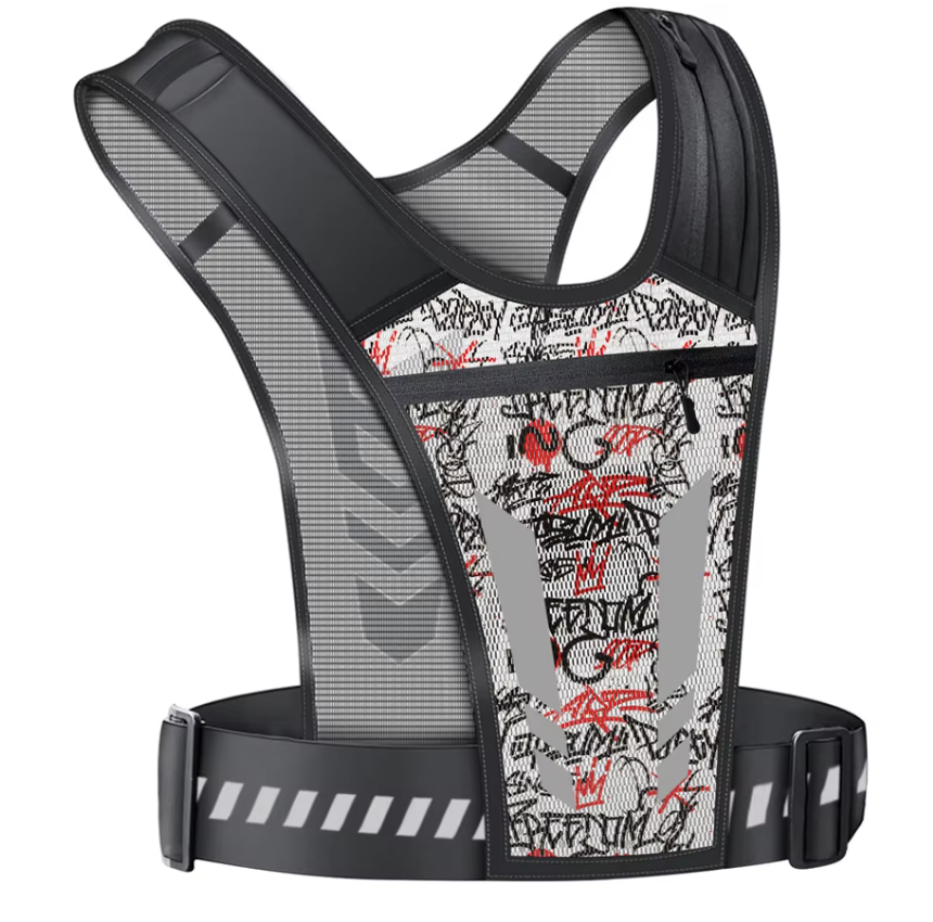 Black and red reflective vest with breathable material and adjustable straps for sports and outdoor activities