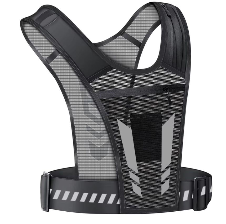 Black reflective running vest with adjustable straps for night running, cycling, and outdoor workouts