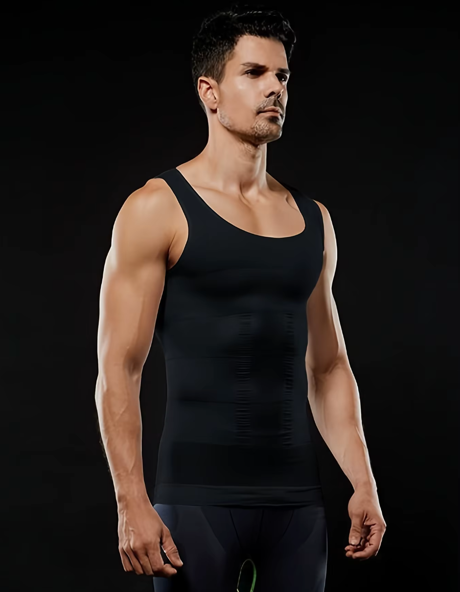 Side angle of Black Men’s Compression Slimming Body Shaper Tank Top – Breathable, Moisture-Wicking, and Waist-Slimming for a Toned Look