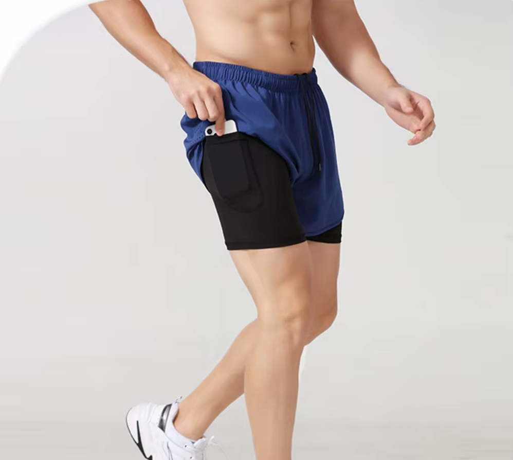 Blue athletic fitness shorts with breathable inner compression lining for high-performance training