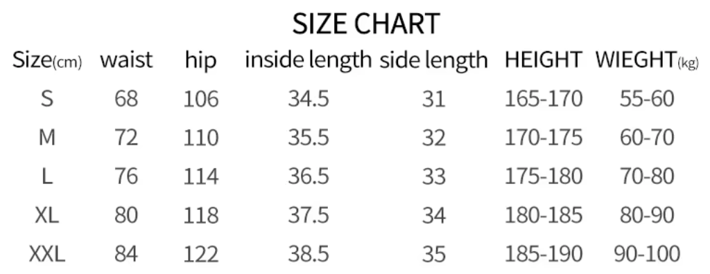 Sizing guide for athletic fitness running workout shorts