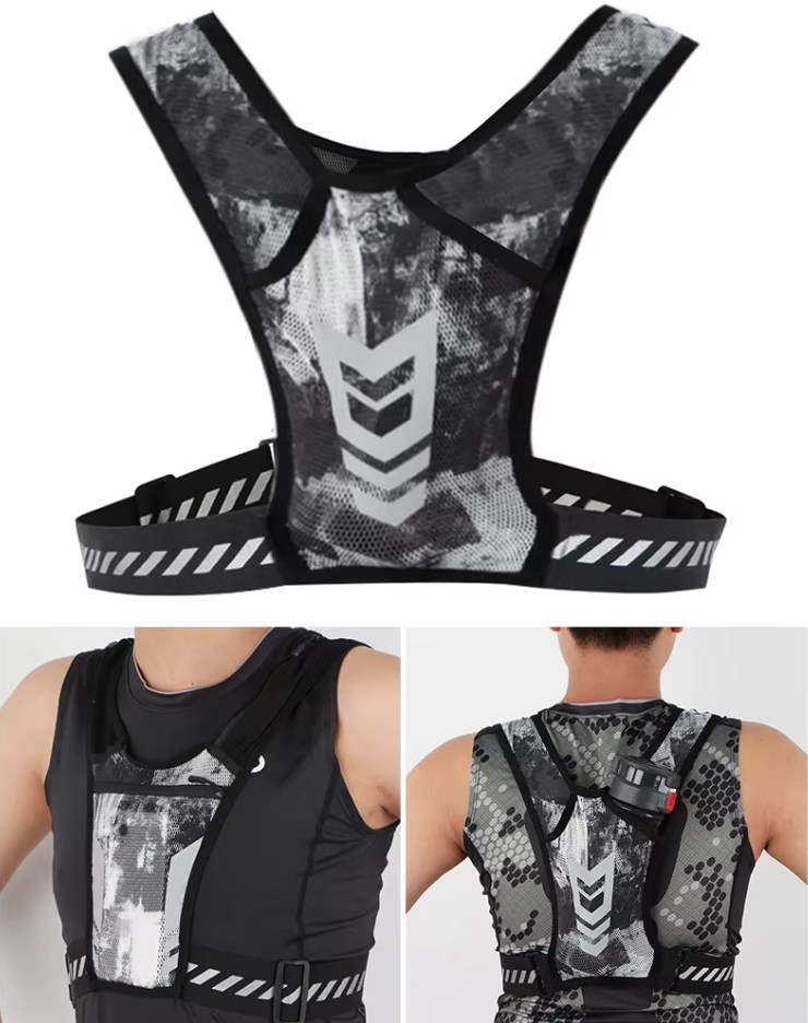 Images of the adjustable reflective running vest in black and white