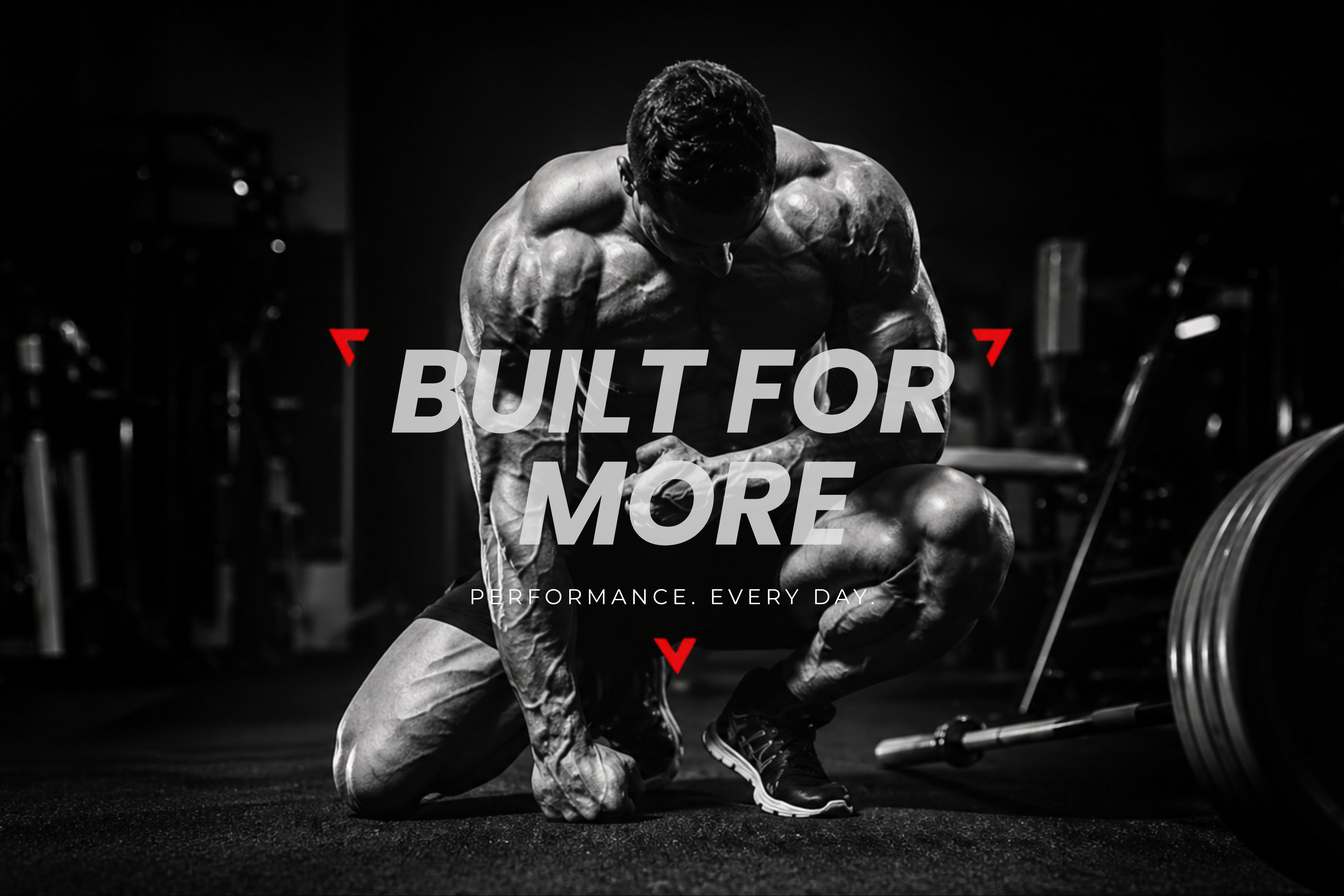 Muscular person in a gym setting with 'Built for More' text overlay.